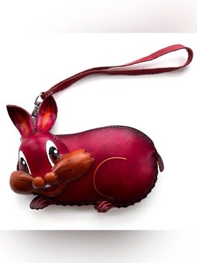 NWOT Genuine Leather Burgundy Bunny Wristlet Wallet Clutch for keys, cards, coin